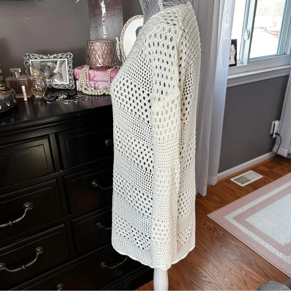 Cream Crochet Open Knit Sweater Tunic | Coastal Boho Beach Coverup Size M